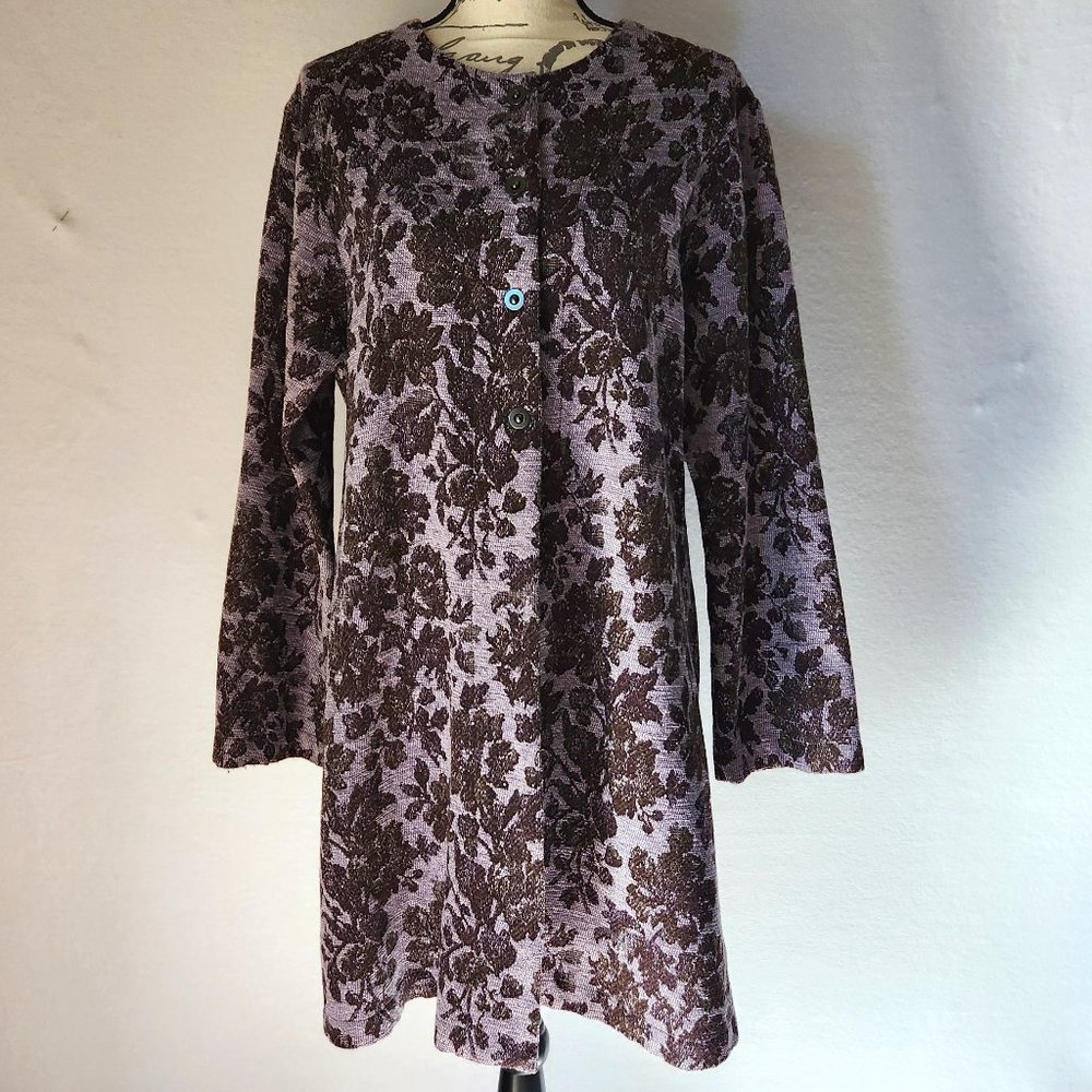 OHM Wool Blend Floral Jacquard Long-Line Jacket Snap Purple Brown Made in USA